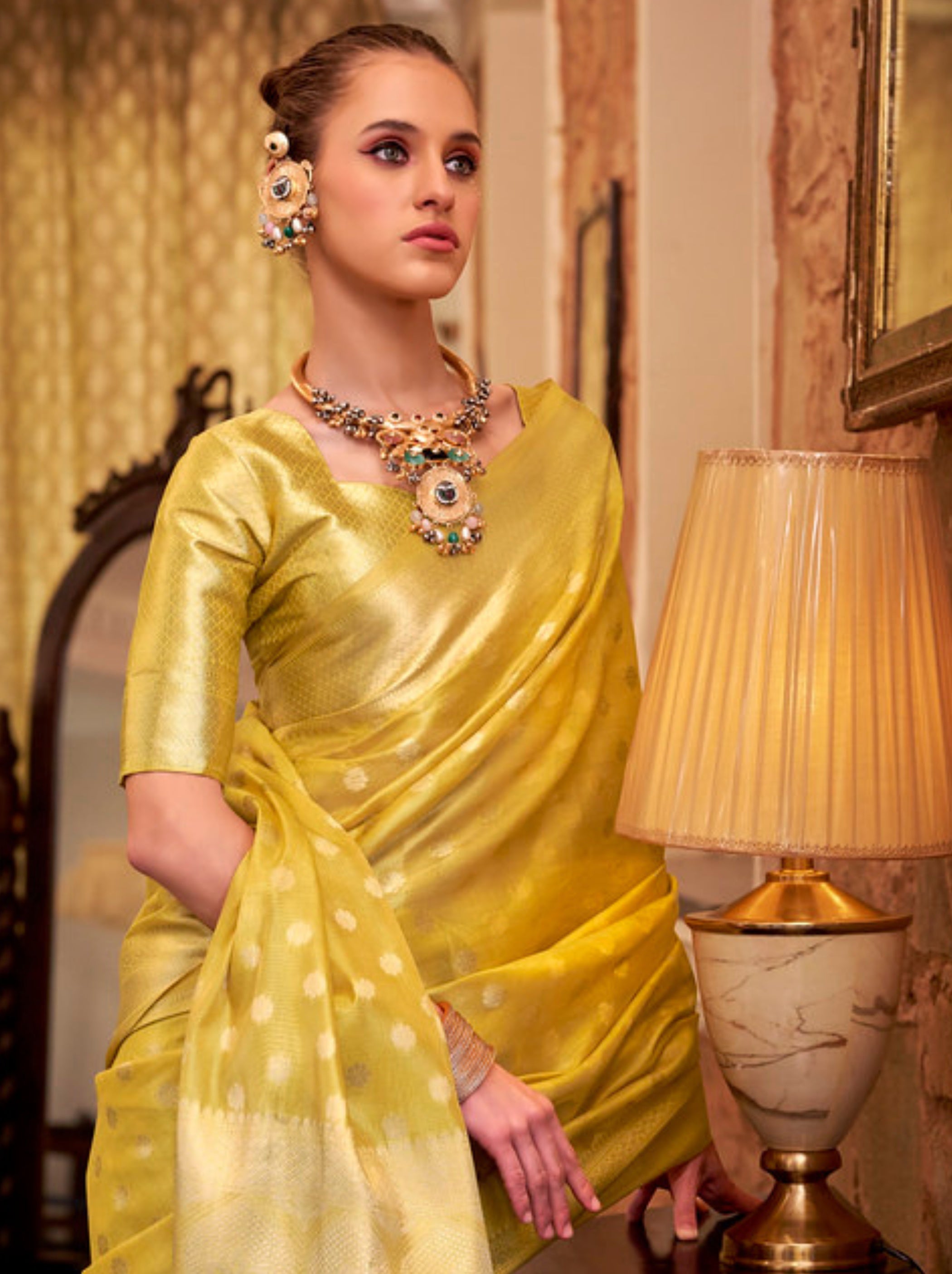 Royal Yellow Fancy Tissue Silk Saree With Blouse Piece - TrendOye