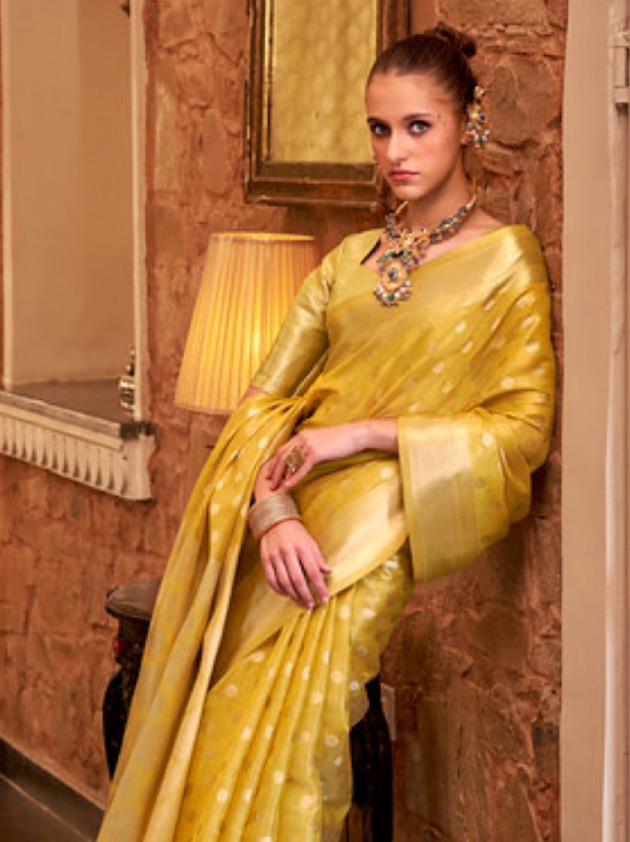 Royal Yellow Fancy Tissue Silk Saree With Blouse Piece - TrendOye