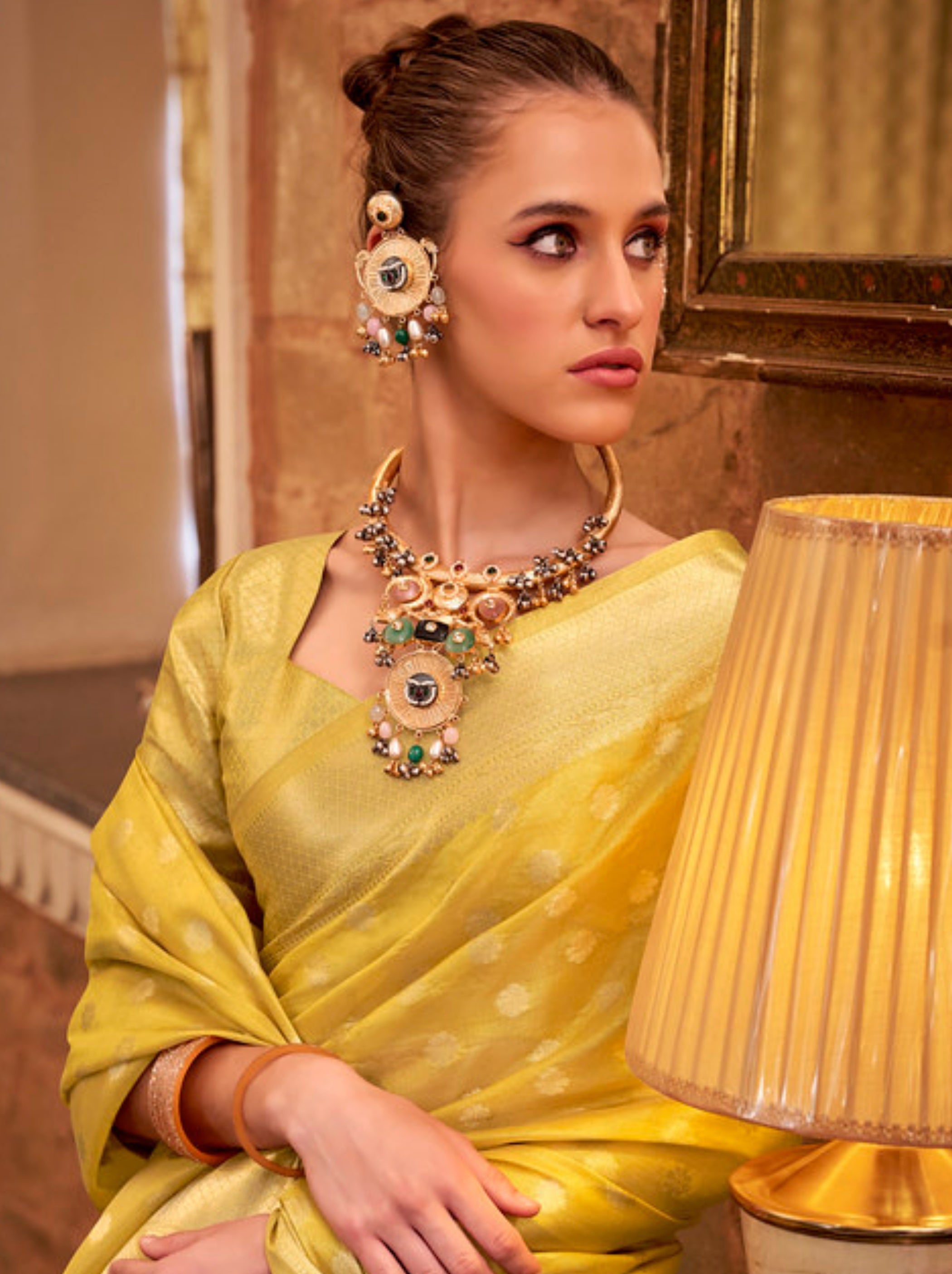 Royal Yellow Fancy Tissue Silk Saree With Blouse Piece - TrendOye
