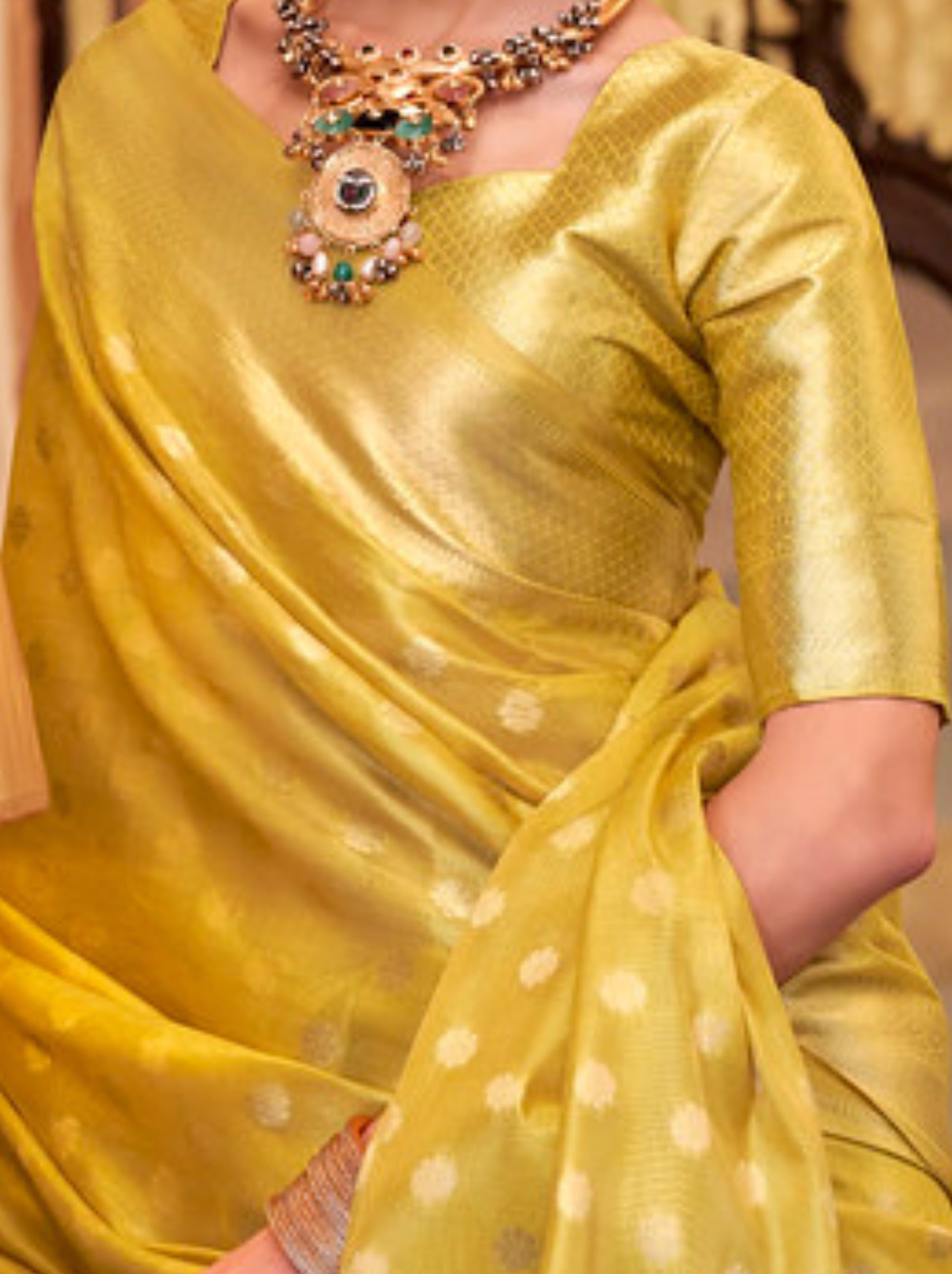 Royal Yellow Fancy Tissue Silk Saree With Blouse Piece - TrendOye