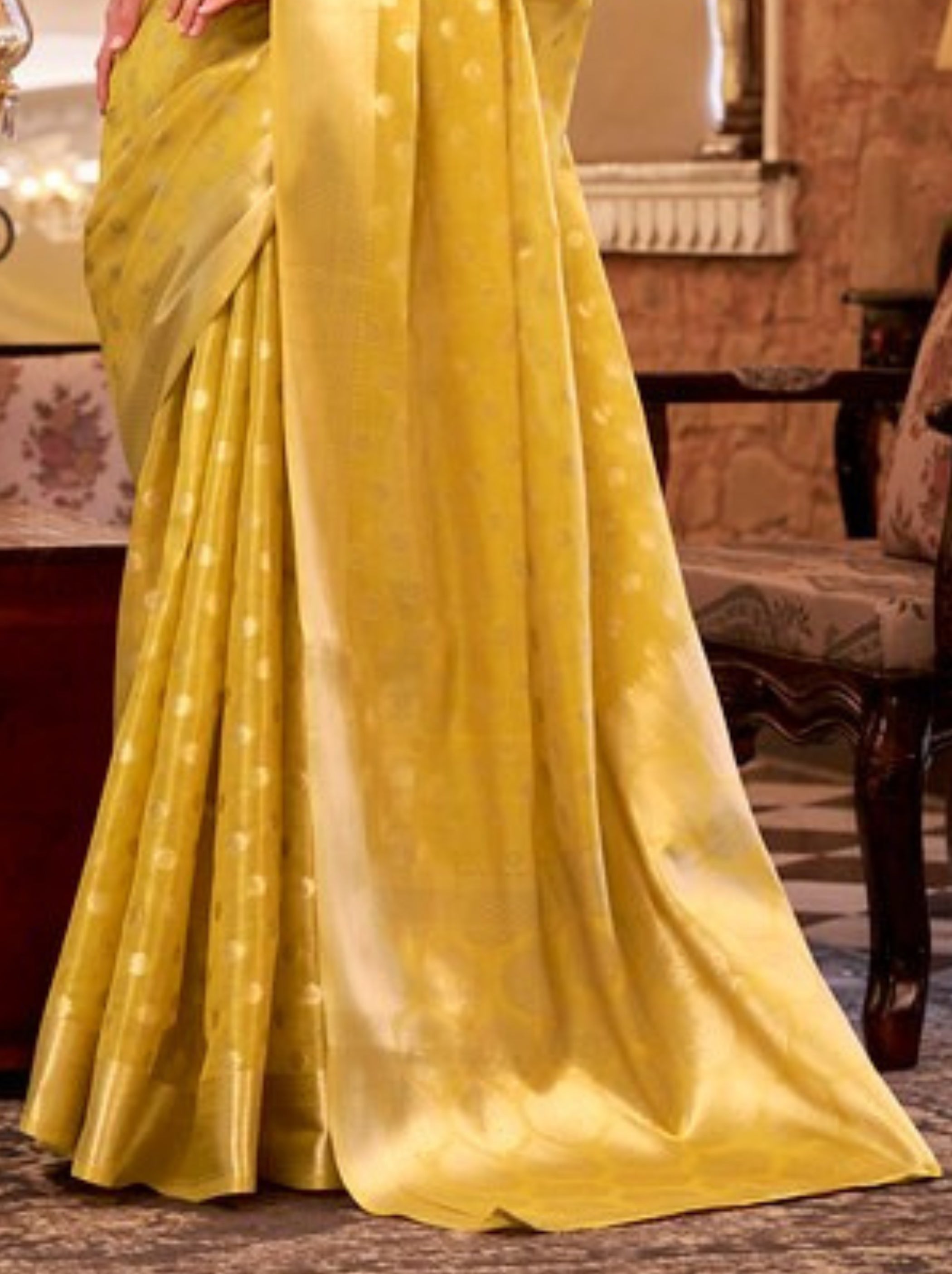 Royal Yellow Fancy Tissue Silk Saree With Blouse Piece - TrendOye