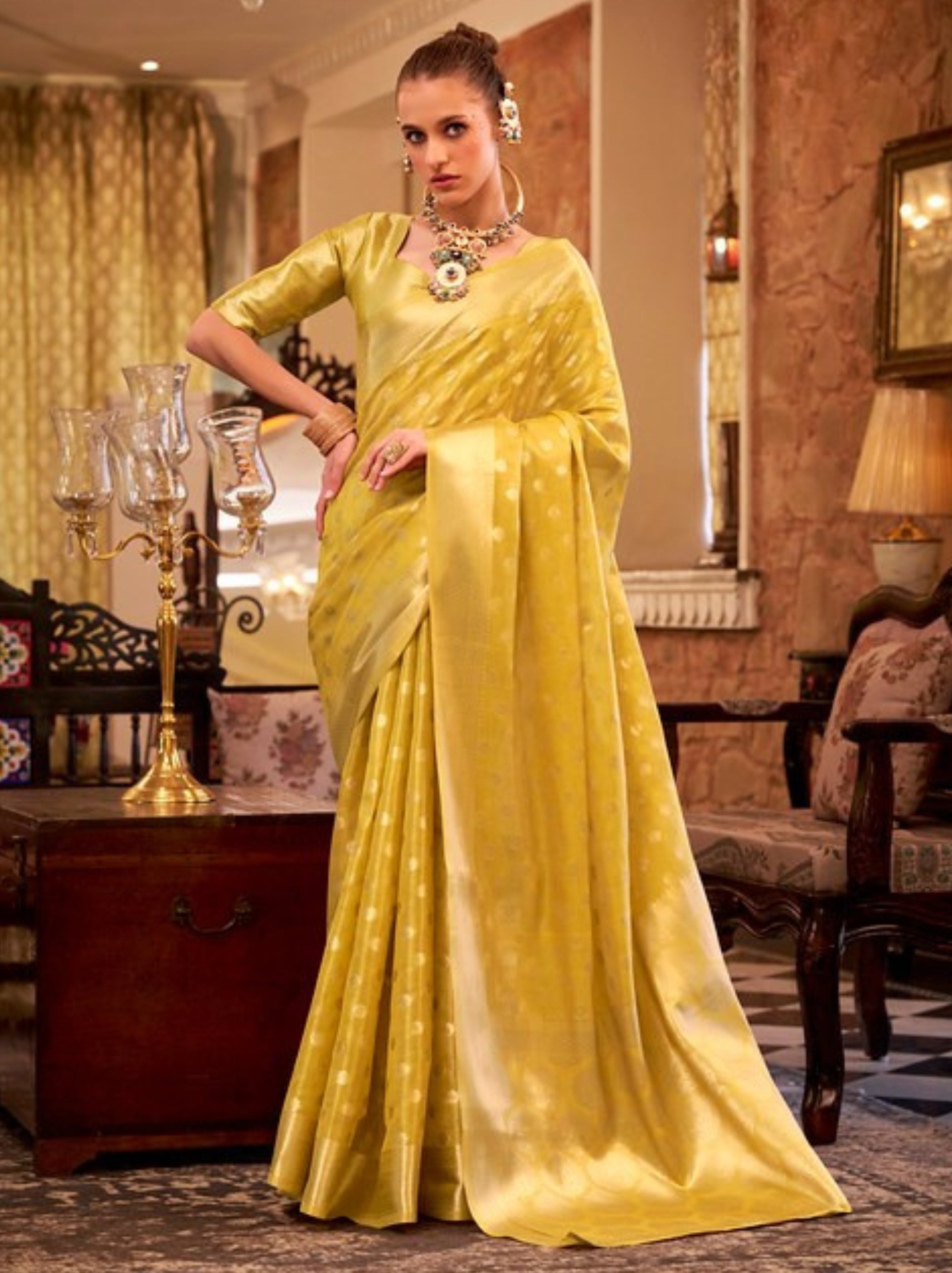 Royal Yellow Fancy Tissue Silk Saree With Blouse Piece - TrendOye