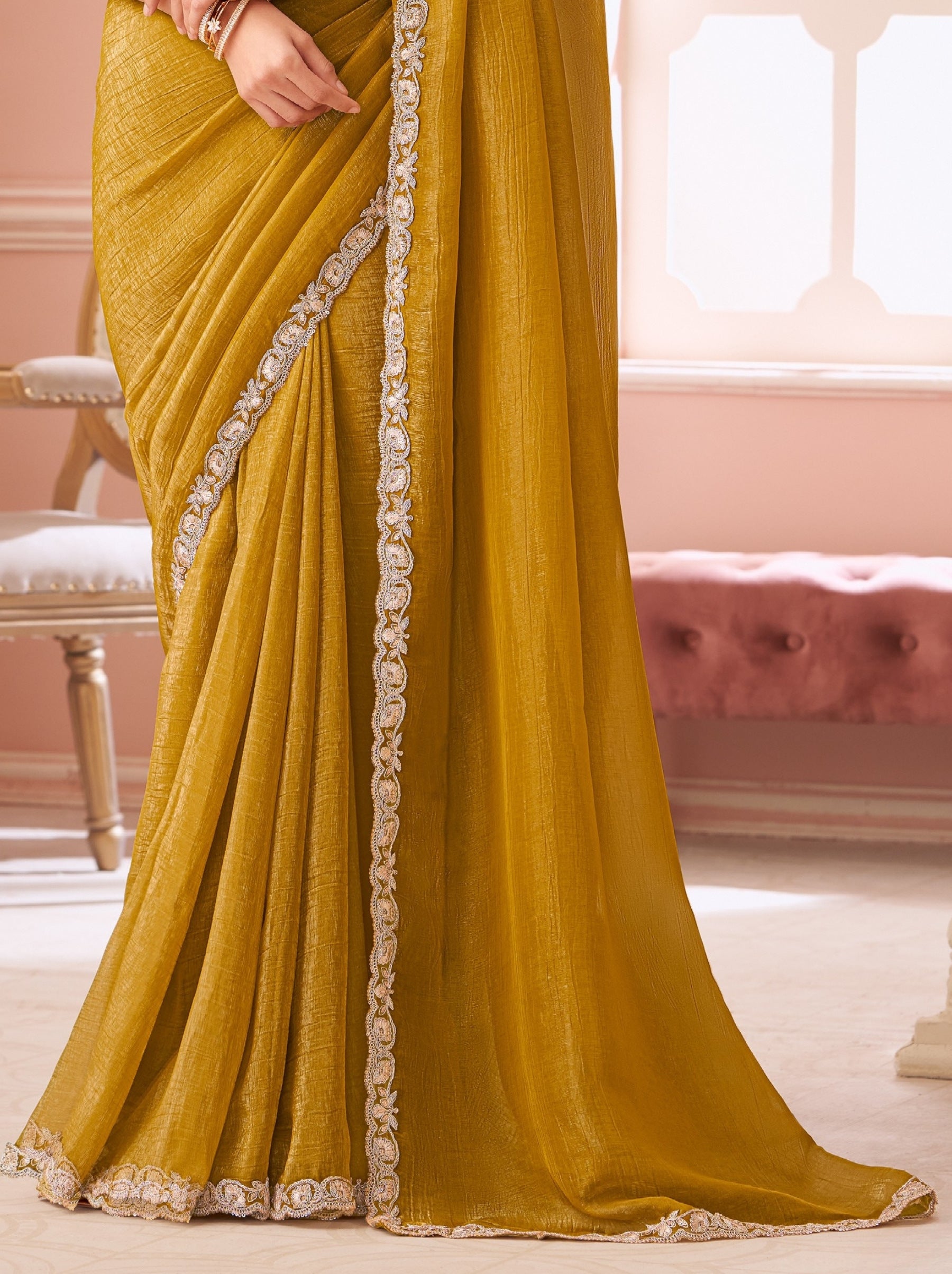 Mustard Yellow Premium Designer Party Saree - TrendOye