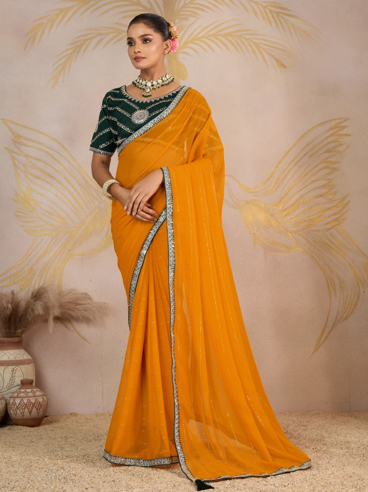 Cyber Yellow Georgette Silk Party Saree with Zari & Sequin Border
