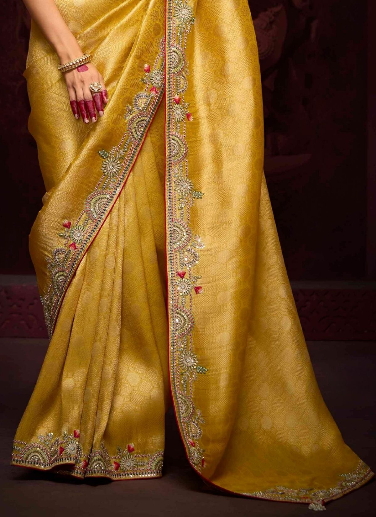 Cyber Yellow Luxury Banarasi Kanjivaram Saree with Embroidery - TrendOye