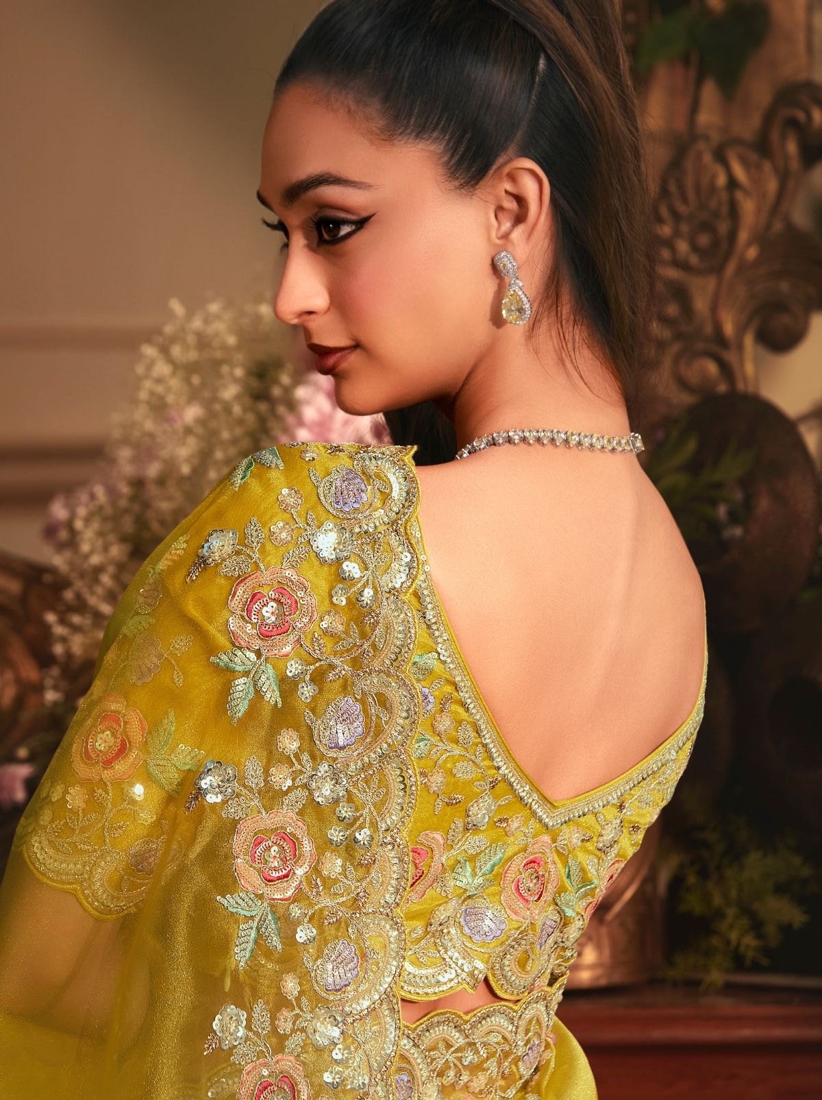 Golden Yellow Luxury Tissue Organza Party Wear Saree