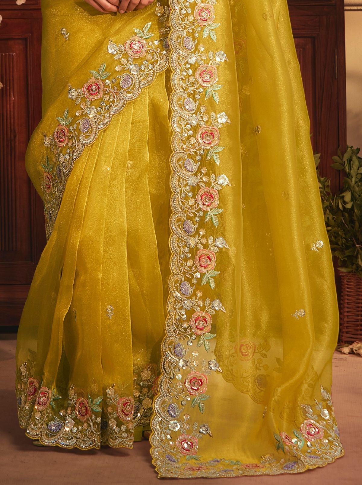 Golden Yellow Luxury Tissue Organza Party Wear Saree