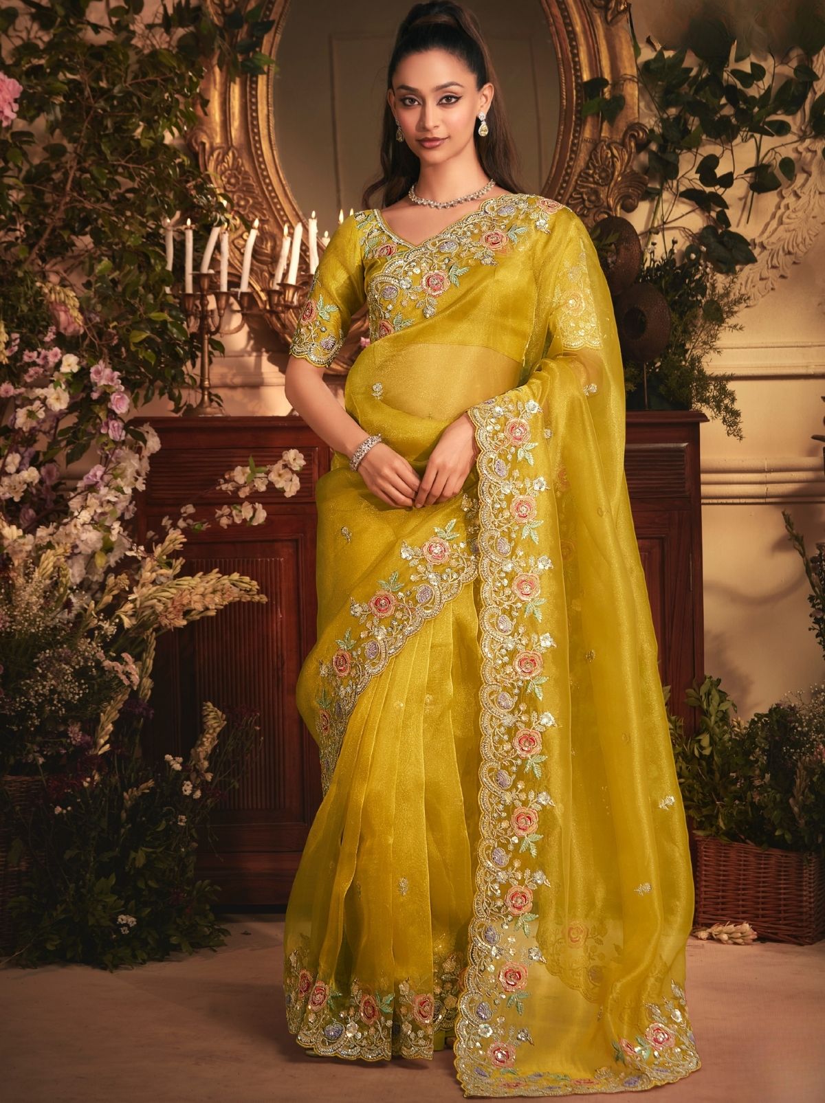 Golden Yellow Luxury Tissue Organza Party Wear Saree