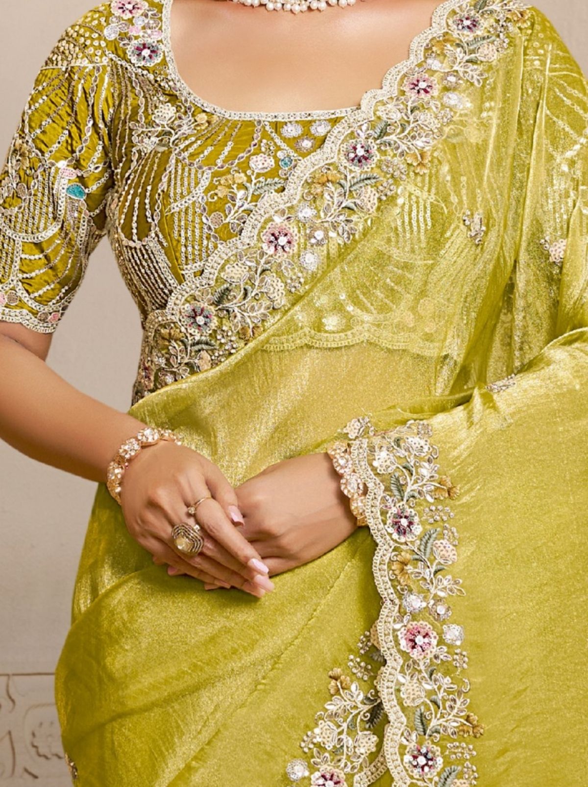 Pineapple Yellow Organza Satin Wedding Saree With Blouse Piece