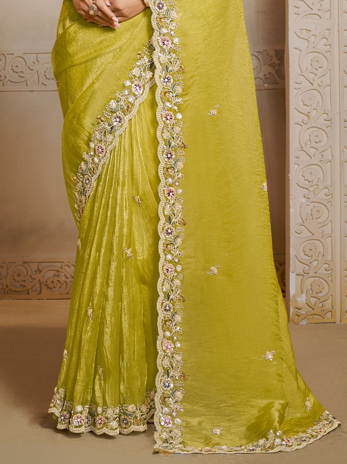 Pineapple Yellow Organza Satin Wedding Saree With Blouse Piece