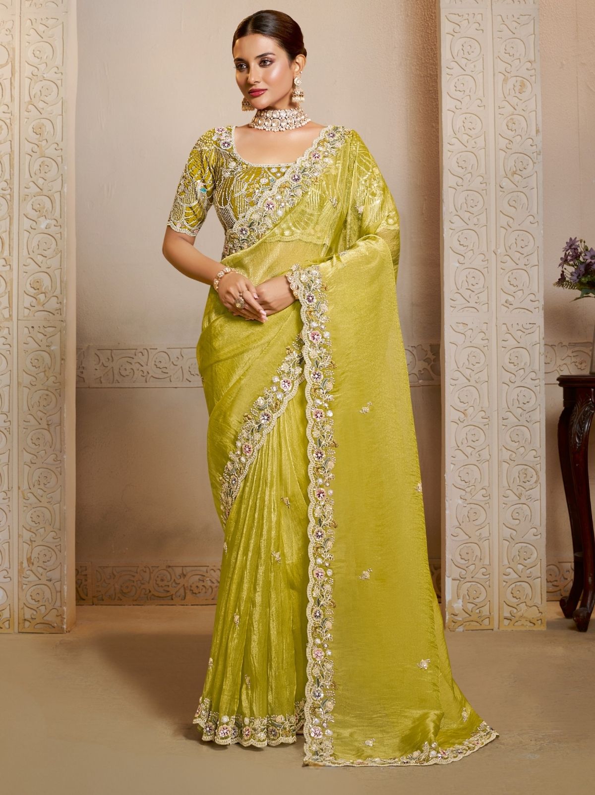 Pineapple Yellow Organza Satin Wedding Saree With Blouse Piece