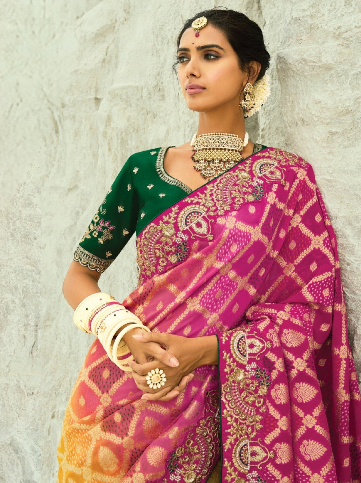 Yellow-Pink Exclusive Georgette Wedding Saree With Bandhej Work