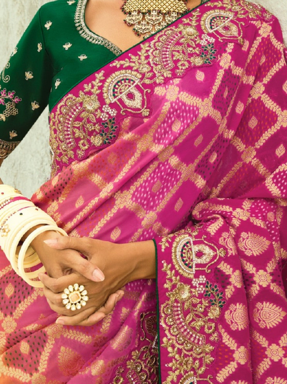 Yellow-Pink Exclusive Georgette Wedding Saree With Bandhej Work