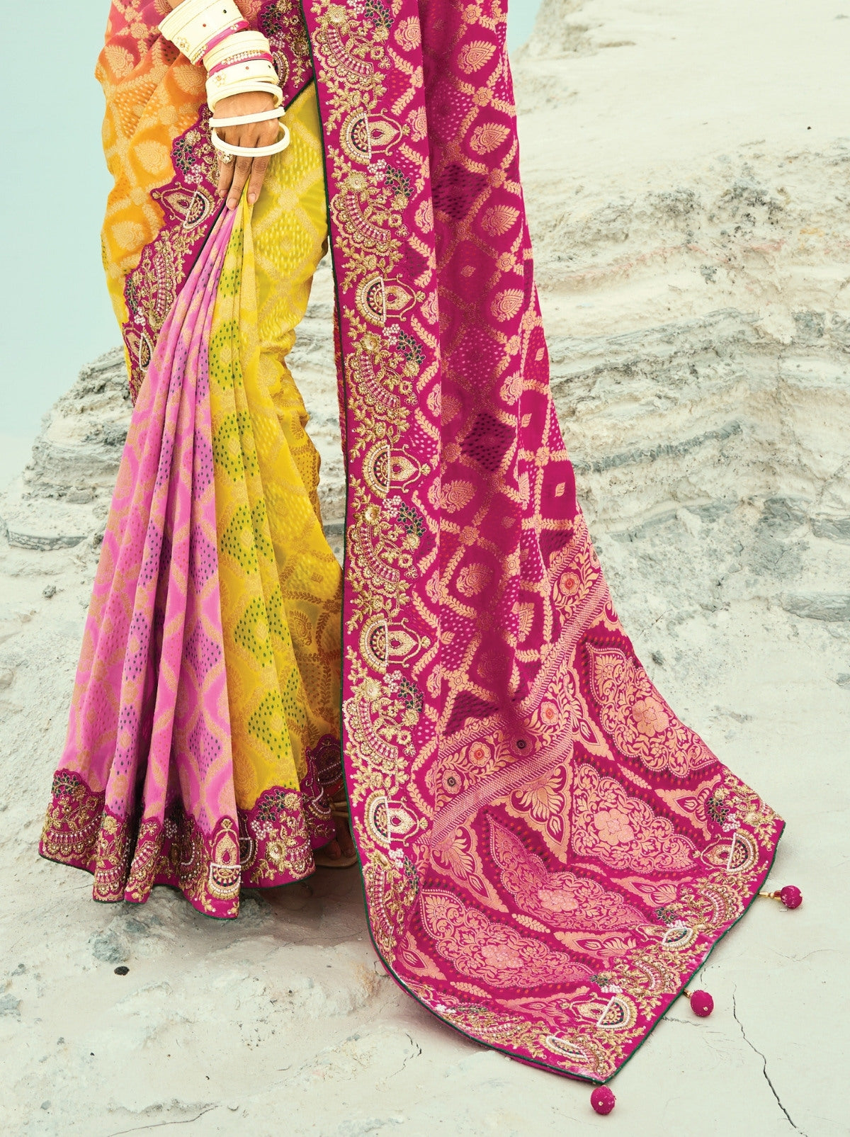 Yellow-Pink Exclusive Georgette Wedding Saree With Bandhej Work