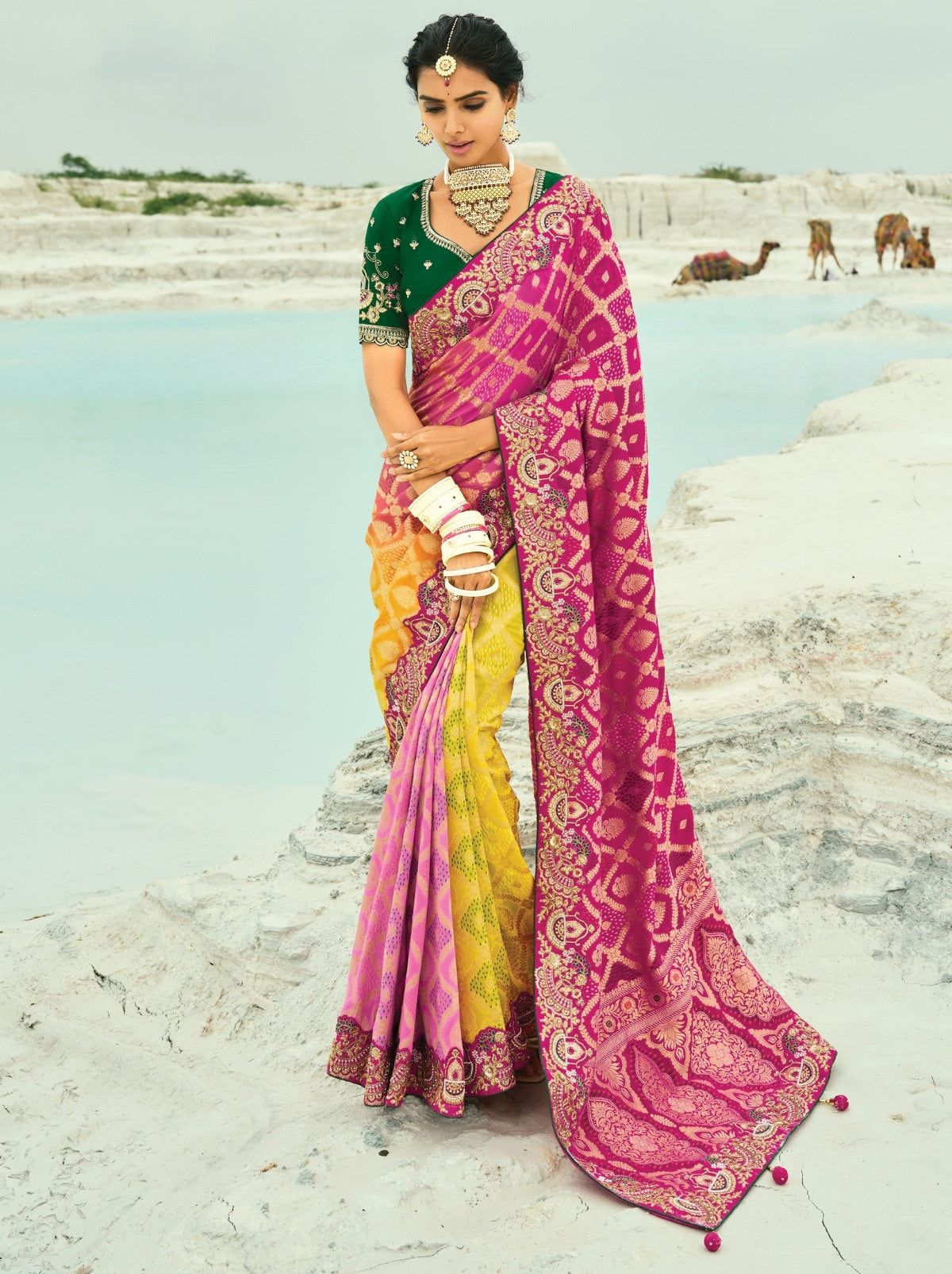 Yellow-Pink Exclusive Georgette Wedding Saree With Bandhej Work
