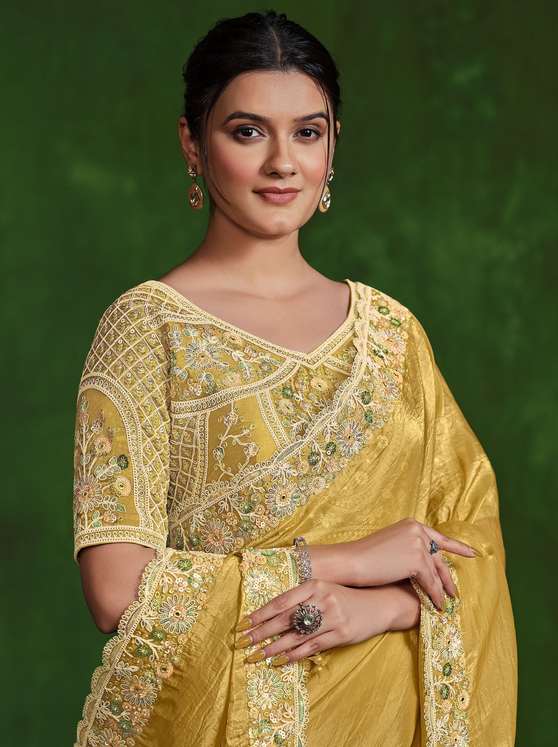Mustard Yellow Celebration Saree - TrendOye