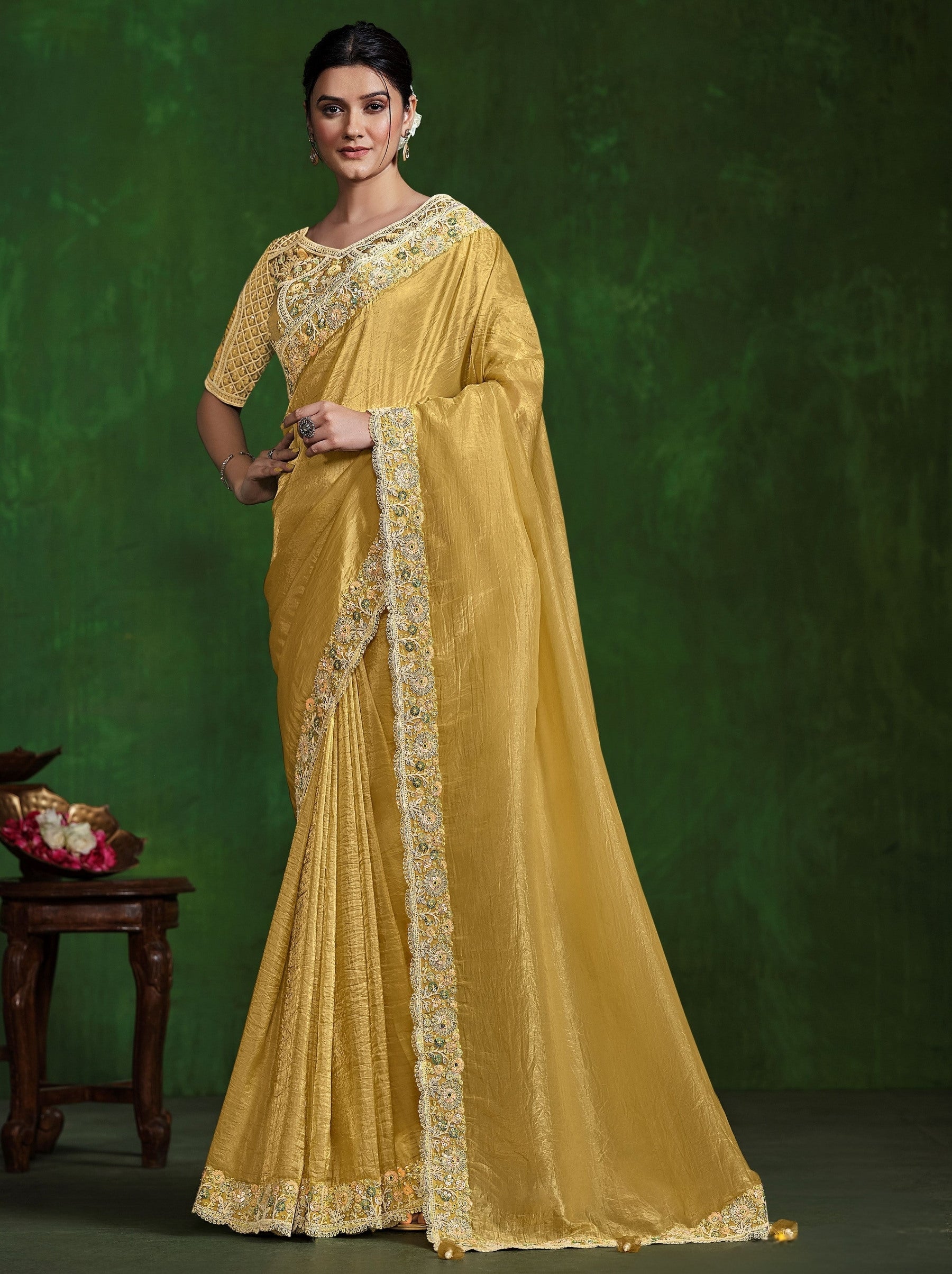 Mustard Yellow Celebration Saree - TrendOye