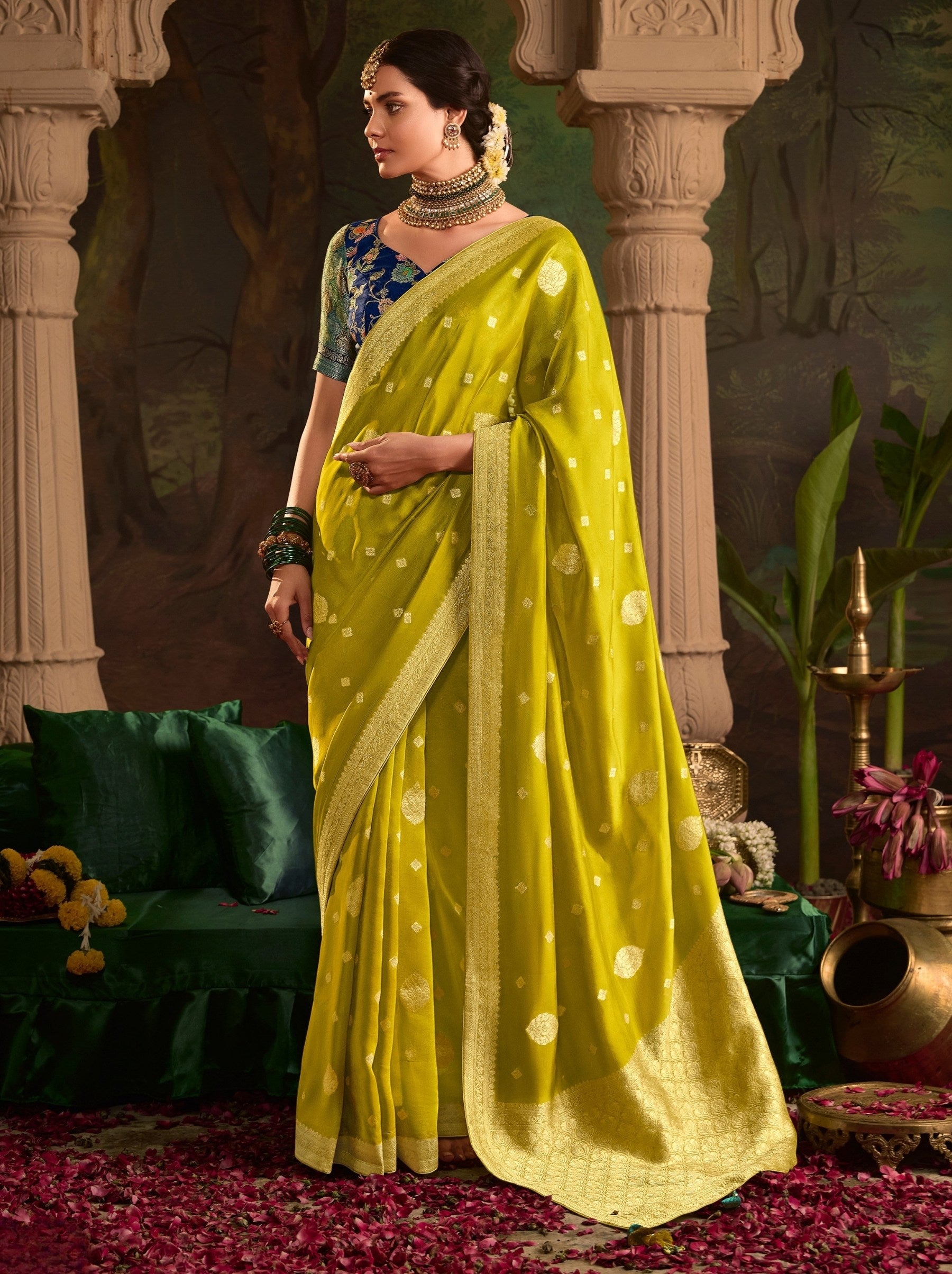 Pineapple Yellow Wedding And Party Designer Saree - TrendOye