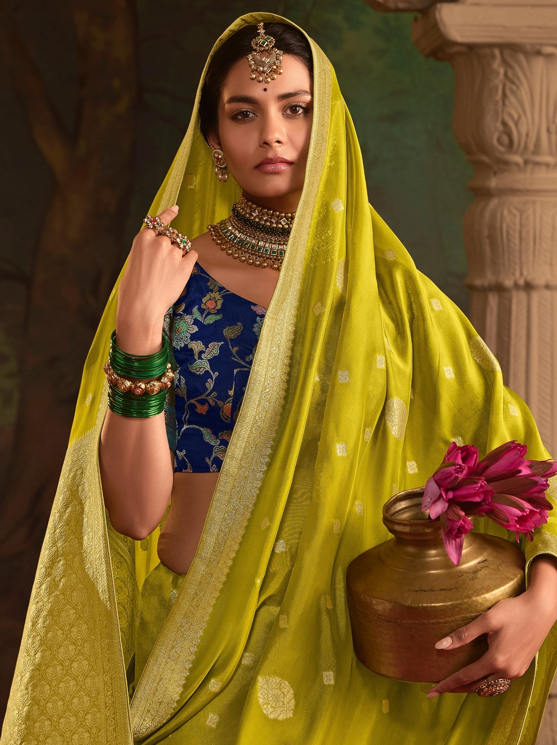 Pineapple Yellow Wedding And Party Designer Saree - TrendOye