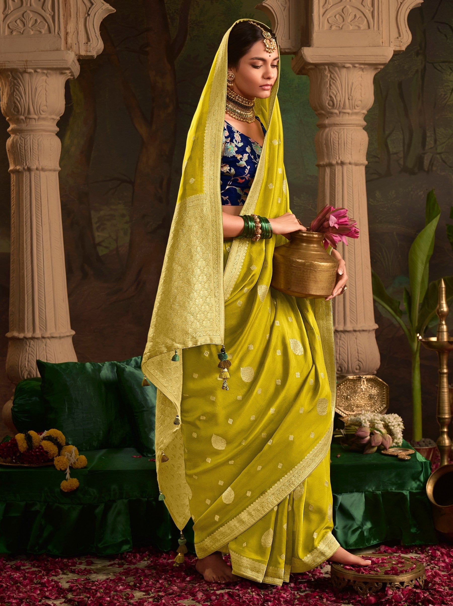 Pineapple Yellow Wedding And Party Designer Saree - TrendOye