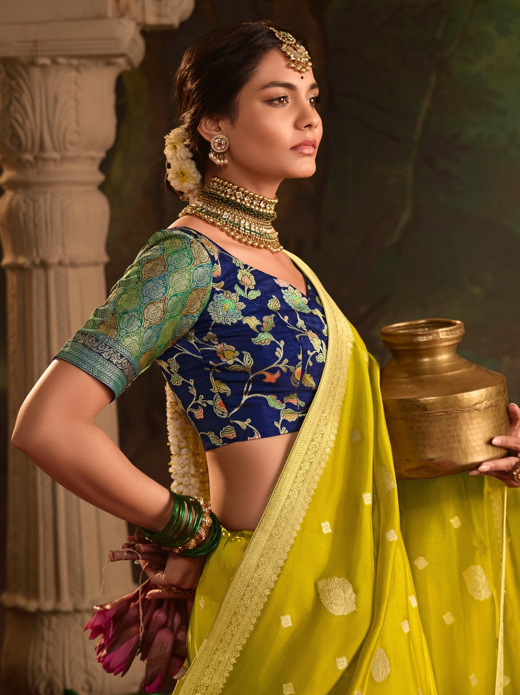 Pineapple Yellow Wedding And Party Designer Saree - TrendOye