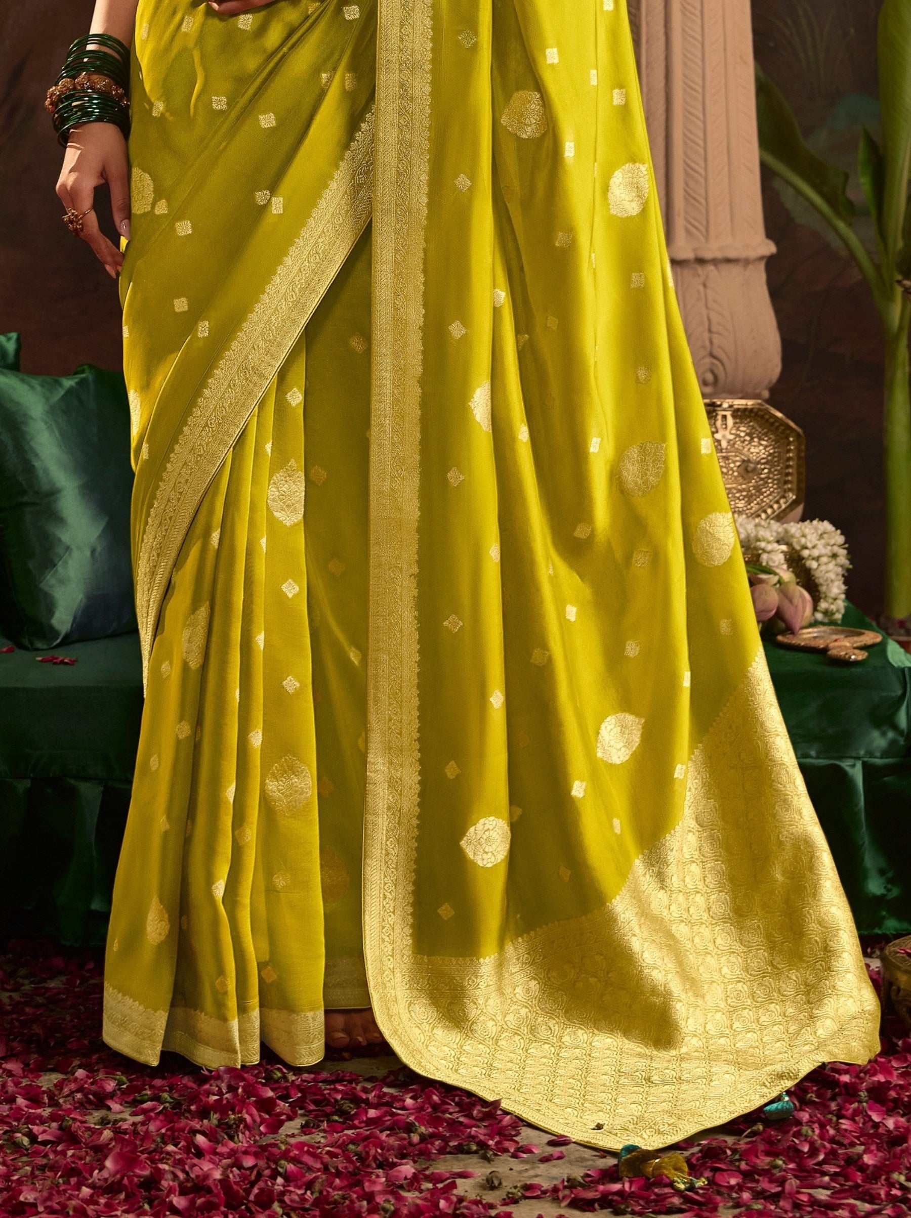 Pineapple Yellow Wedding And Party Designer Saree - TrendOye