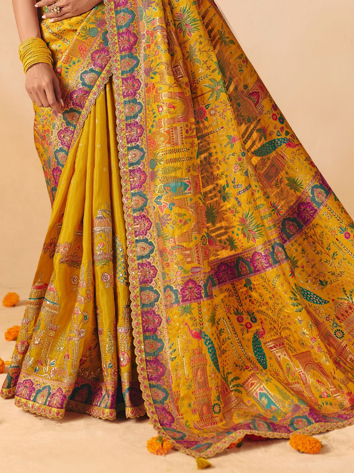 Gold Yellow Premium Dola Silk Embroidered Designer Saree