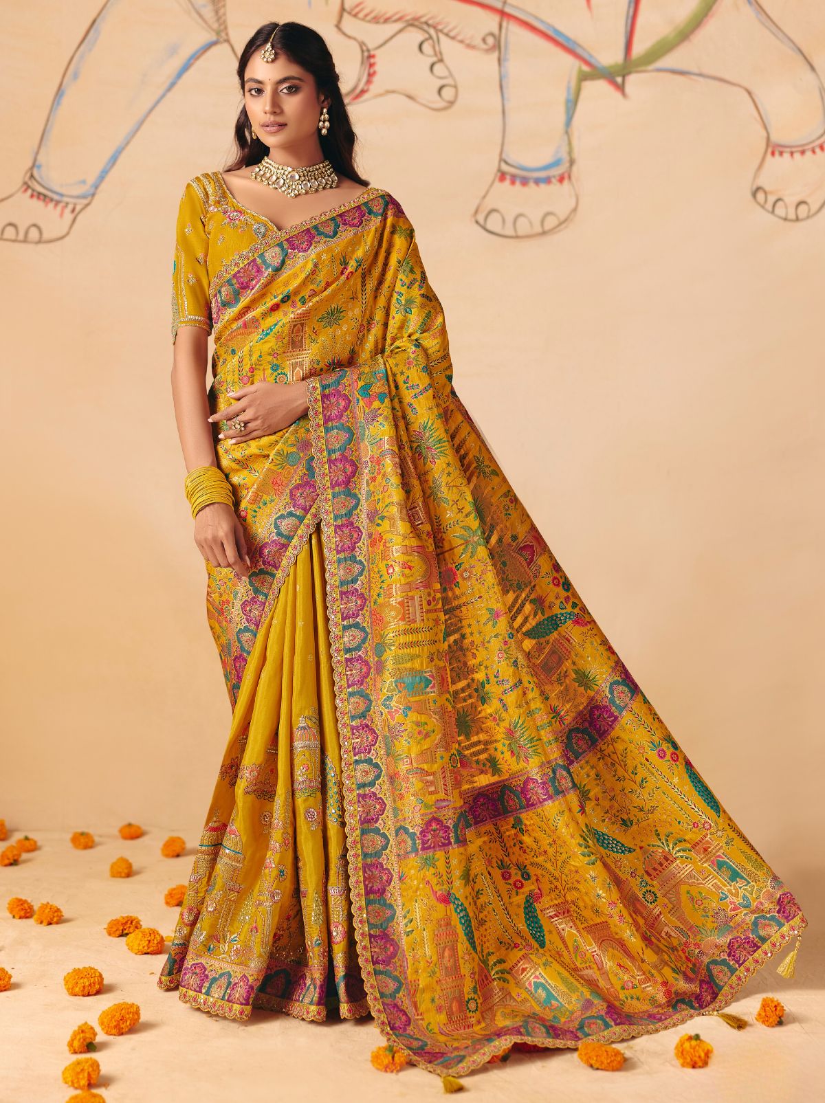 Gold Yellow Premium Dola Silk Embroidered Designer Saree