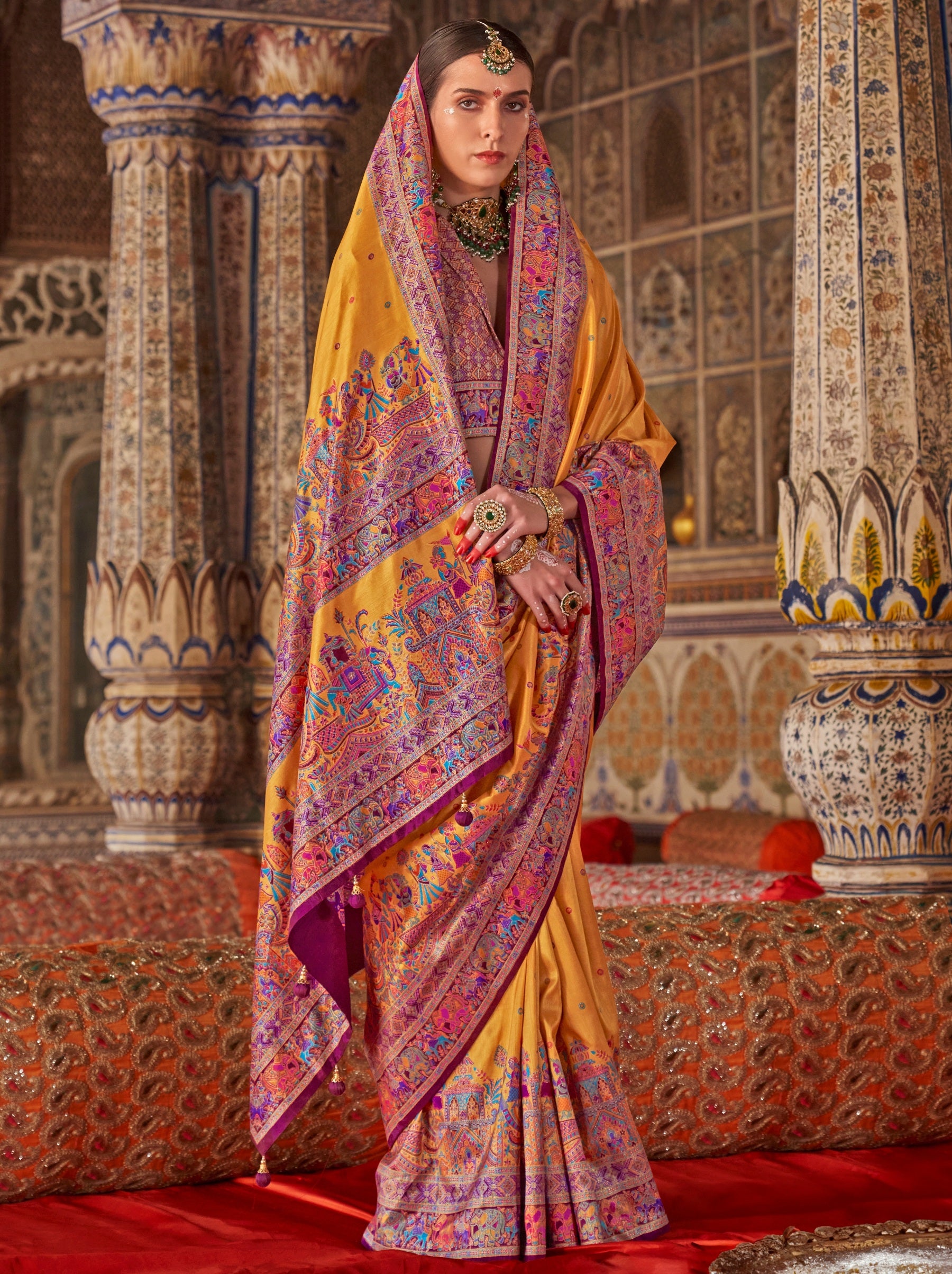 Mustard Yellow Premium Silk Saree With Traditional Pattern - TrendOye