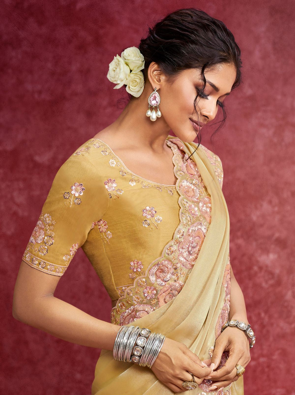 Banana Yellow Designer Fancy Sequin Saree With Tassels