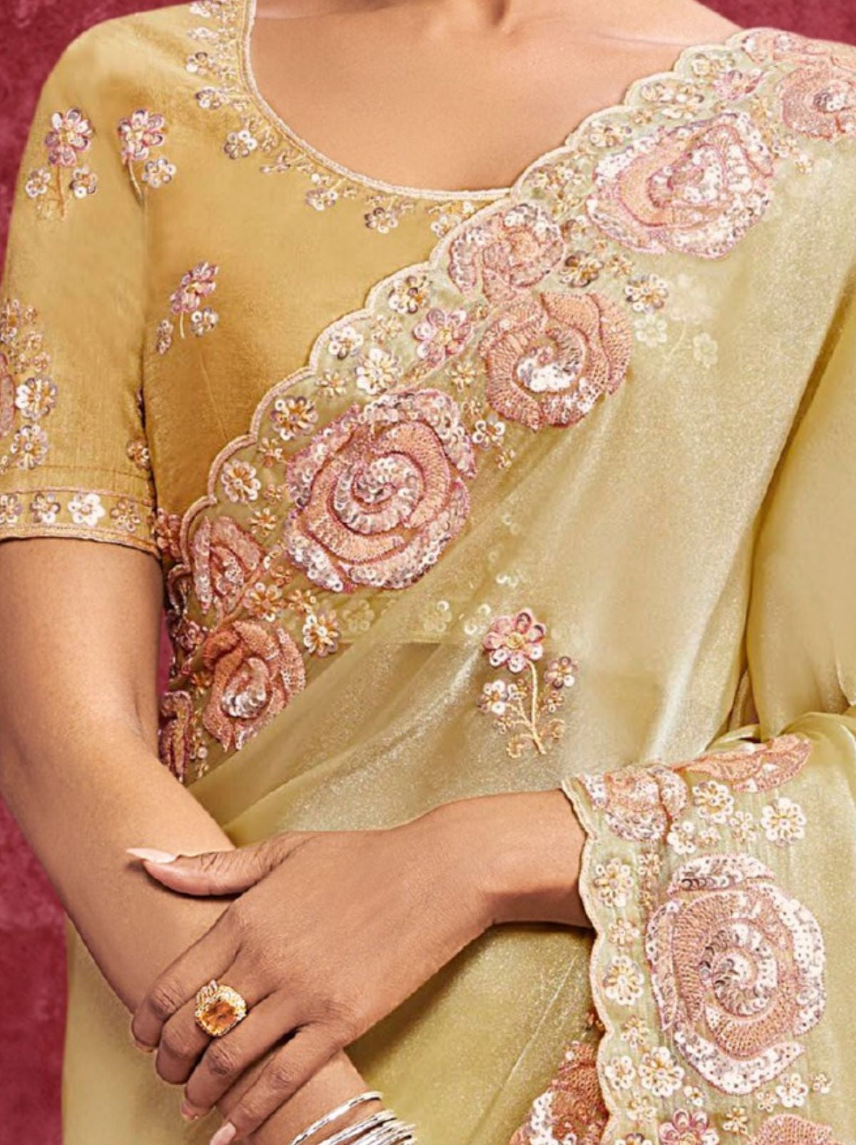 Banana Yellow Designer Fancy Sequin Saree With Tassels