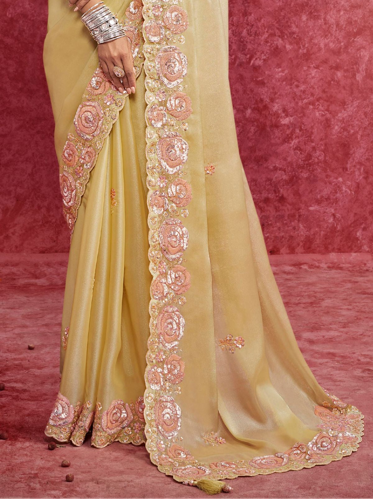 Banana Yellow Designer Fancy Sequin Saree With Tassels