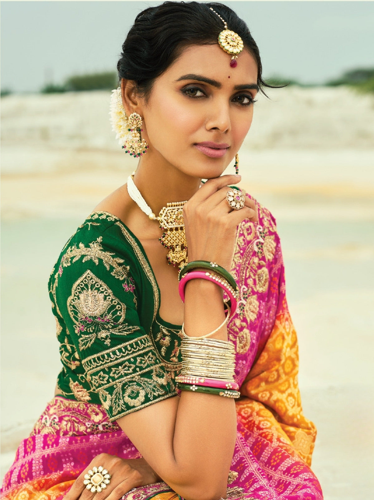Mustard Yellow Premium Georgette Wedding Saree With Bandhej Work