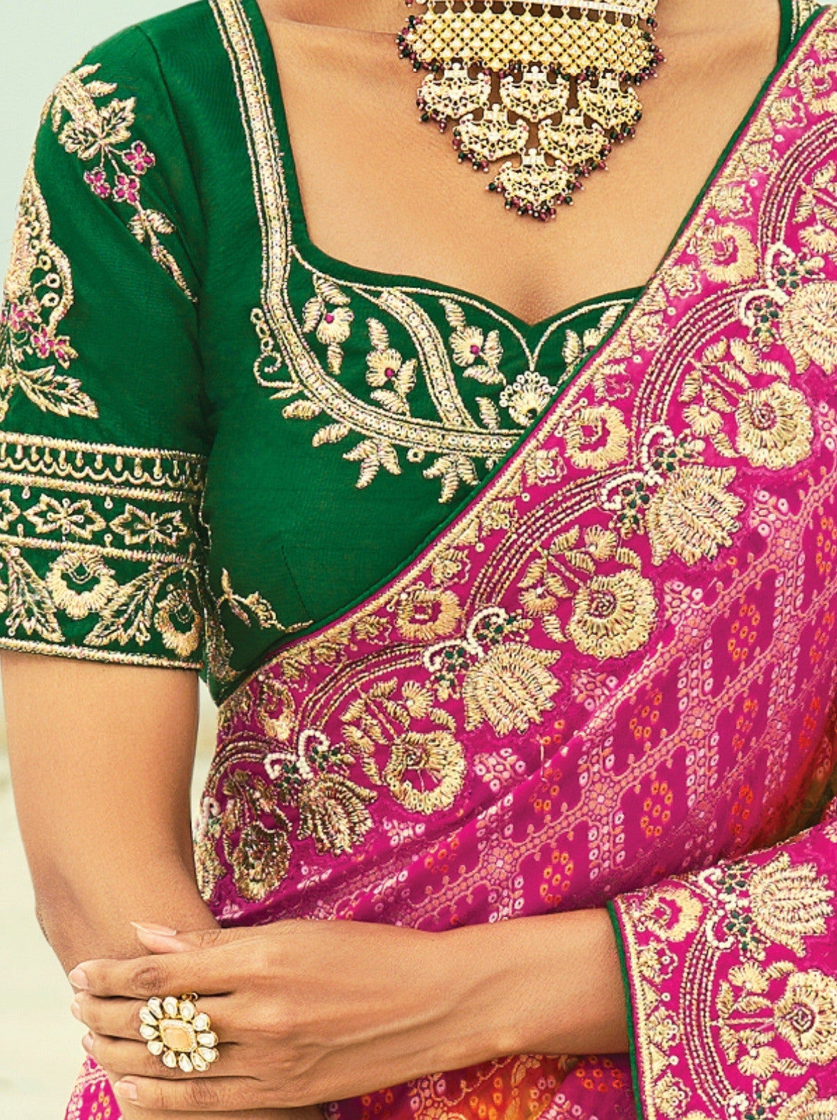 Mustard Yellow Premium Georgette Wedding Saree With Bandhej Work