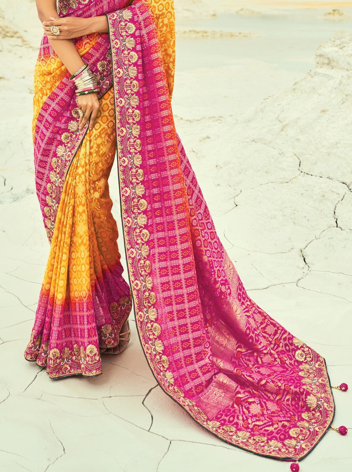 Mustard Yellow Premium Georgette Wedding Saree With Bandhej Work