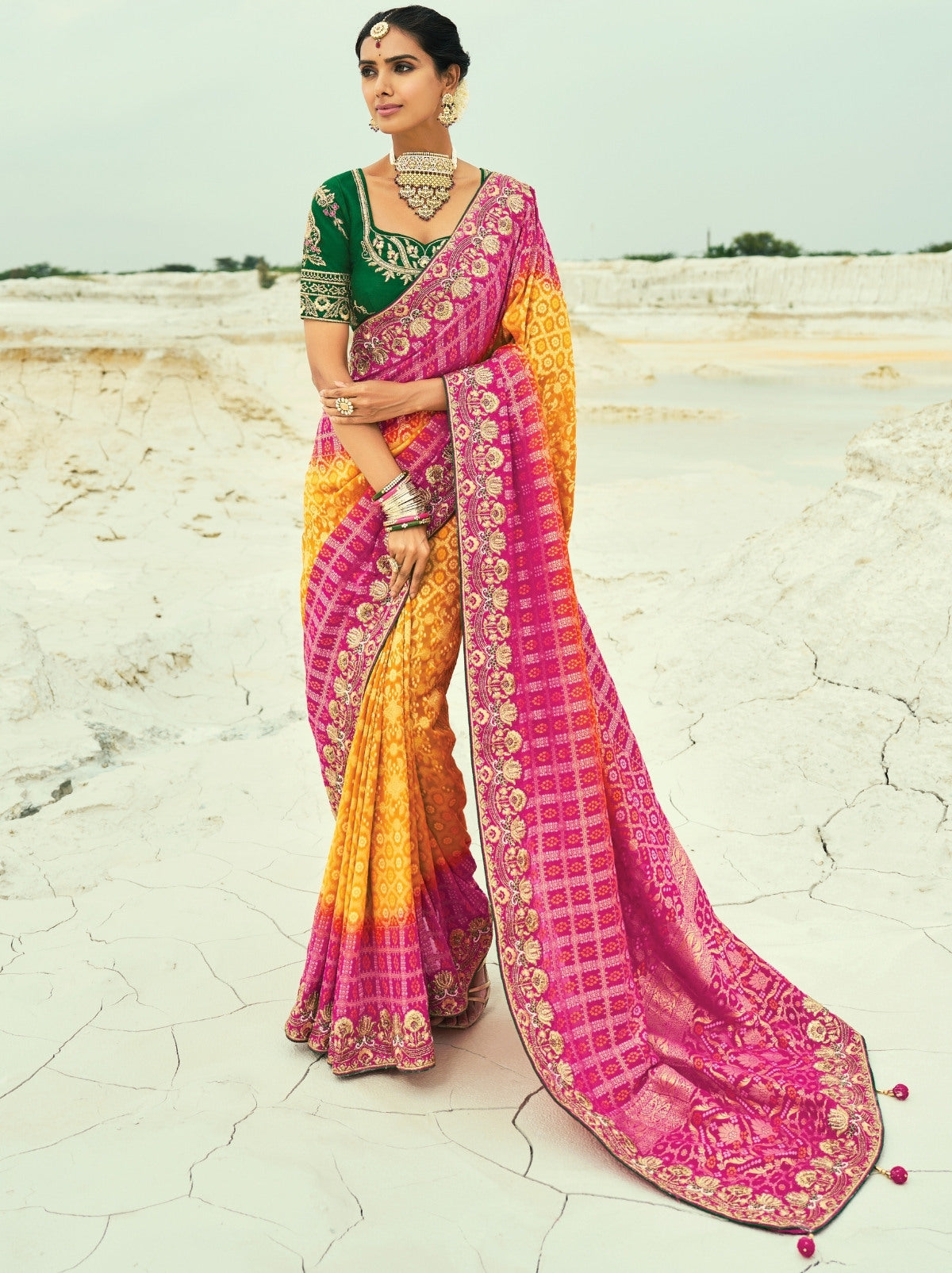 Mustard Yellow Premium Georgette Wedding Saree With Bandhej Work