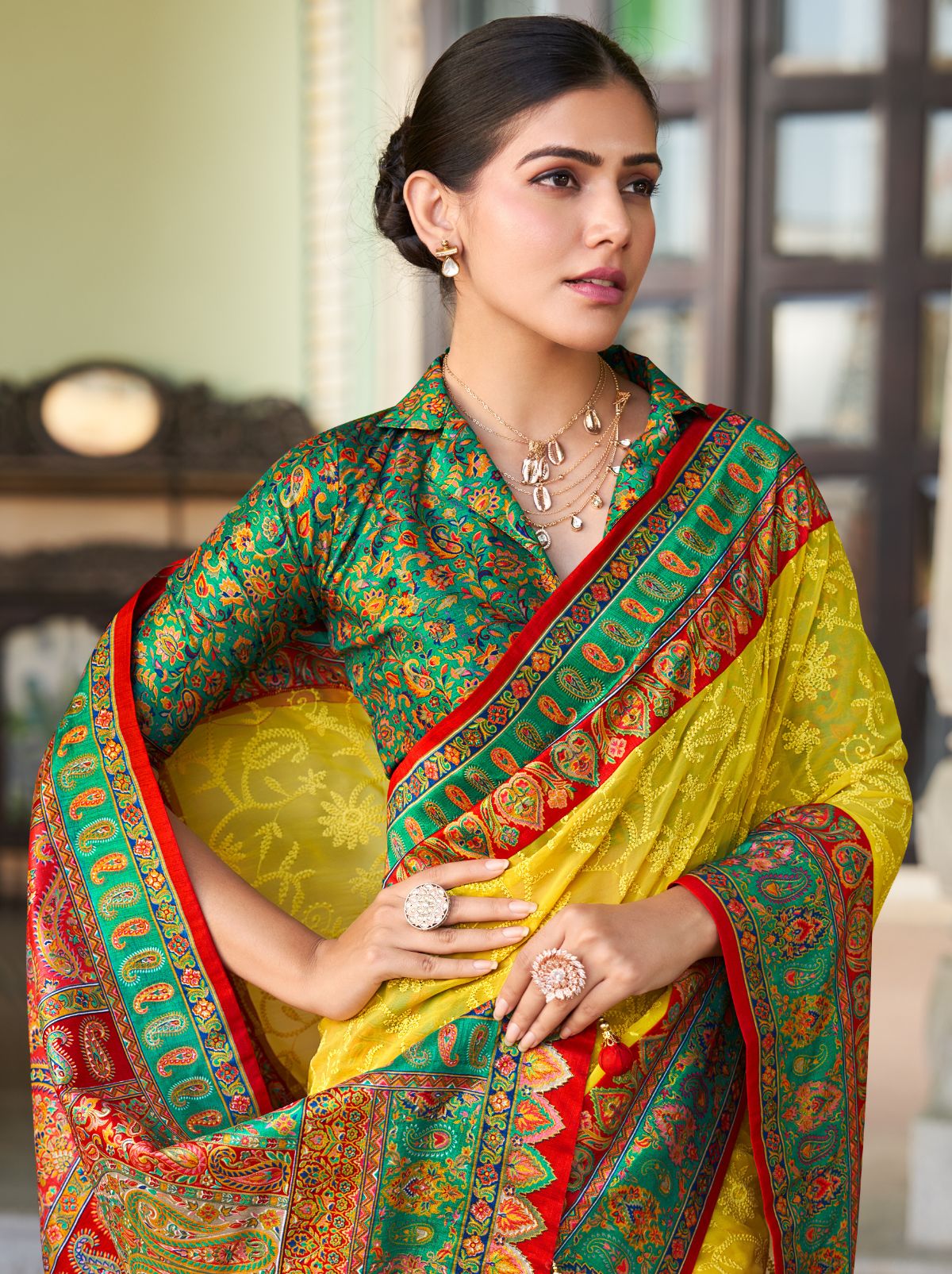 Lemon Yellow Premium Georgette Saree With Lucknowi Chikan Work