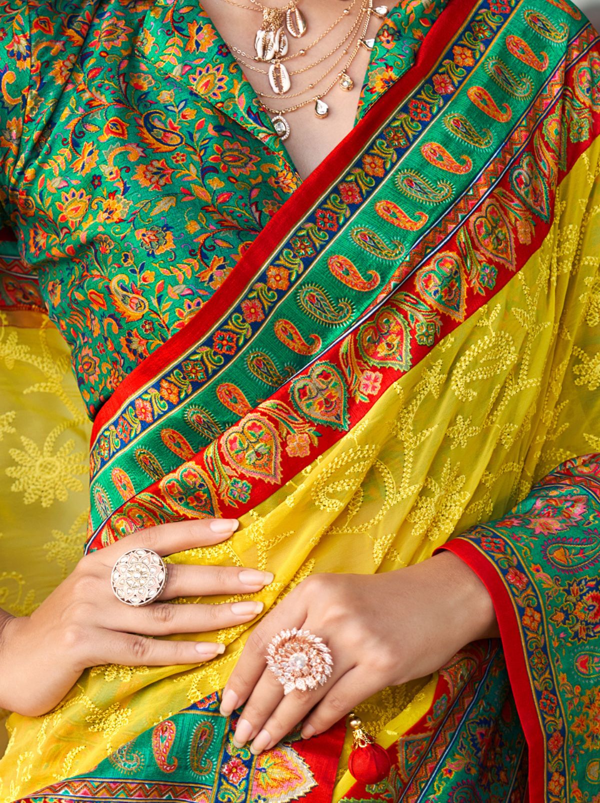 Lemon Yellow Premium Georgette Saree With Lucknowi Chikan Work