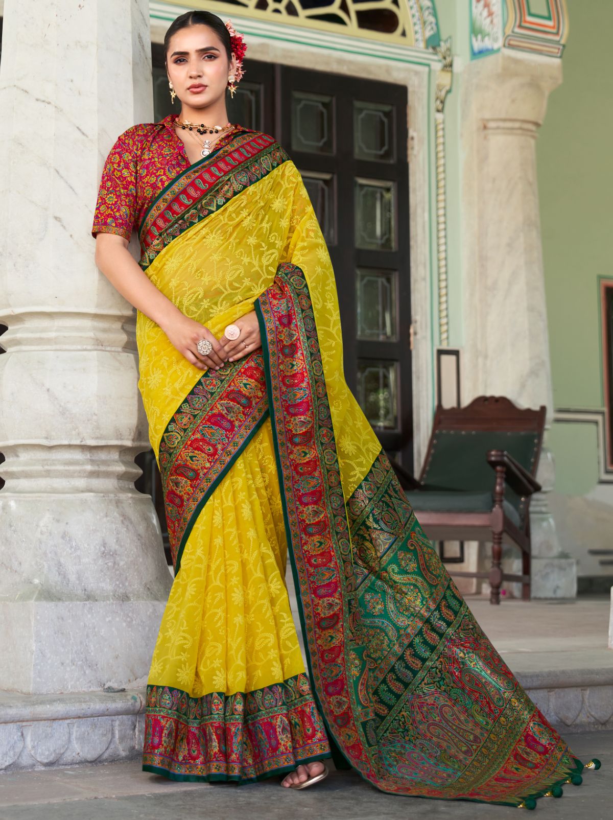 Cadmium Yellow Premium Georgette Saree With Lucknowi Chikan Work