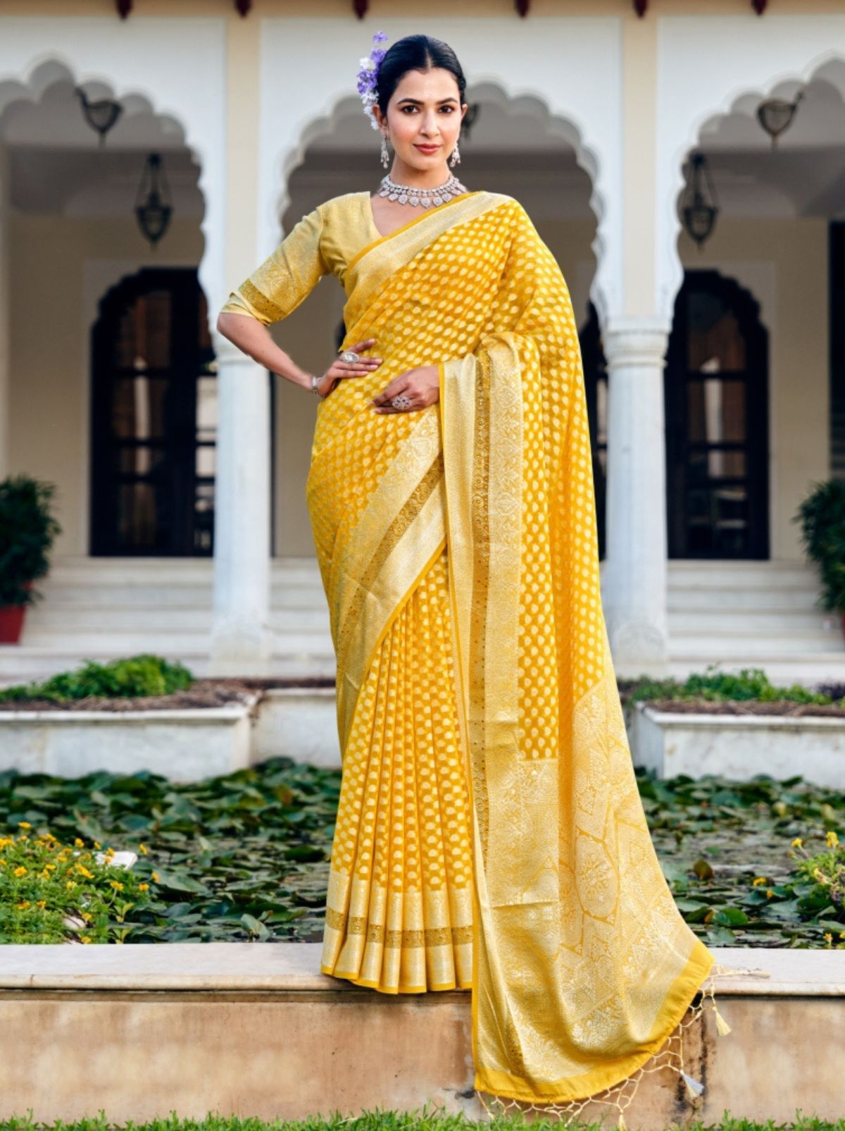 Pineapple Yellow Premium Georgette Saree With Weaved Motifs