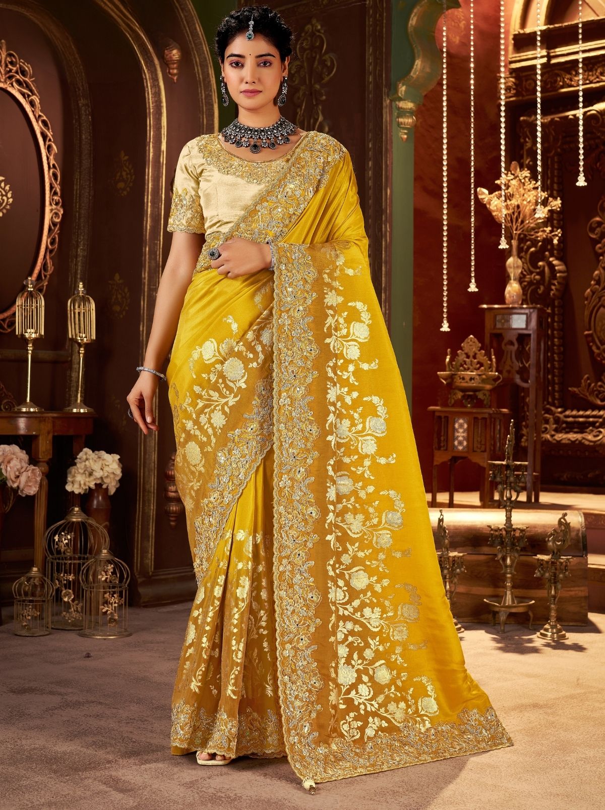 Cyber Yellow Premium Heavy Work Bridal Saree With Rich Border Design