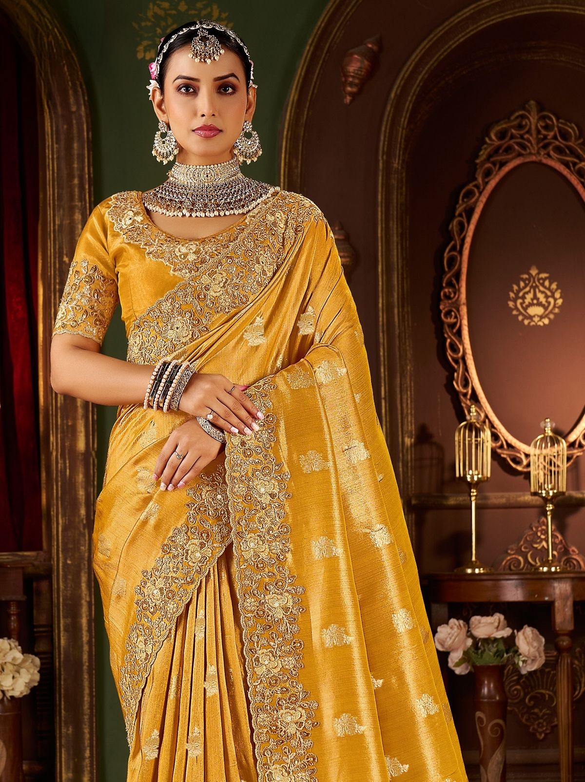 Golden Yellow Premium Heavy Work Bridal Saree With Rich Border Design