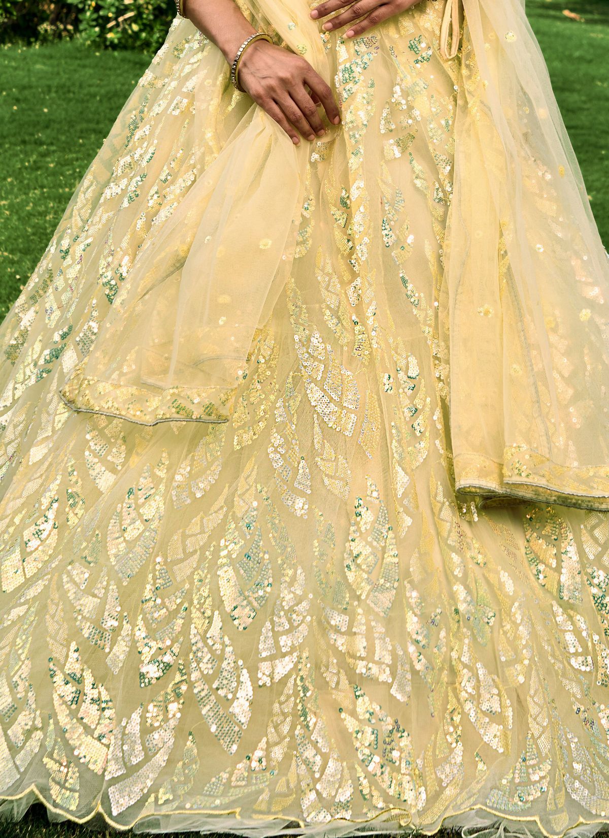 Pastel Yellow Premium Party Lehenga Set With Sequin Work - TrendOye