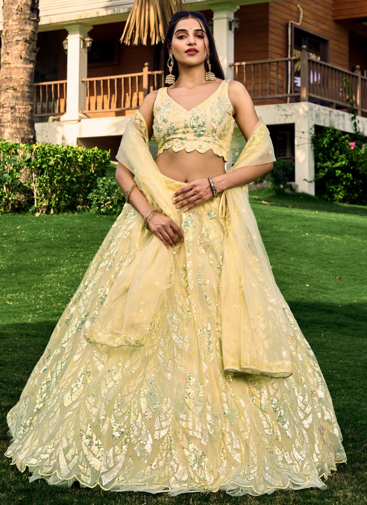 Pastel Yellow Premium Party Lehenga Set With Sequin Work - TrendOye