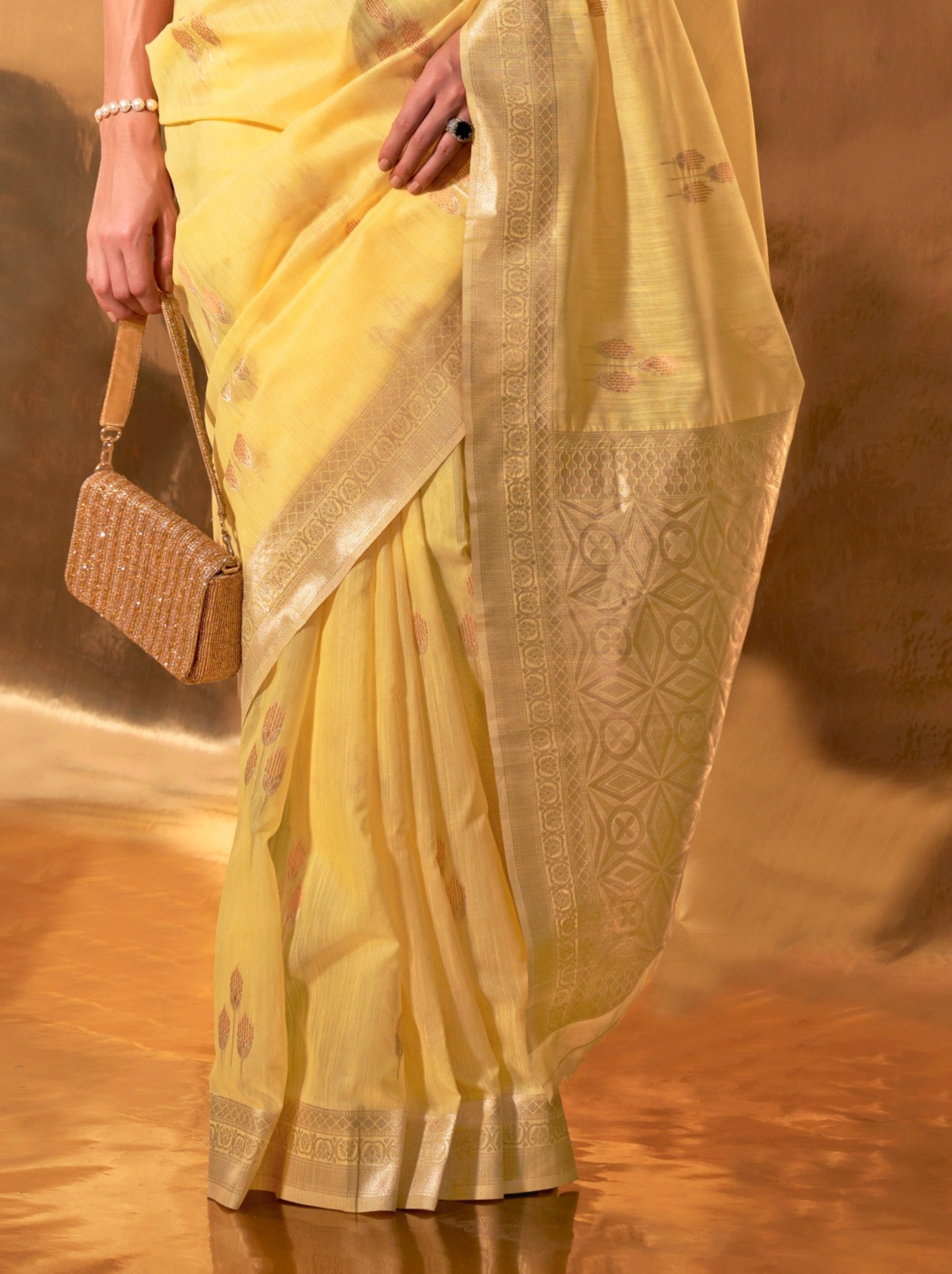 Lemon Yellow Designer Linen Silk Saree With Blouse Piece - TrendOye