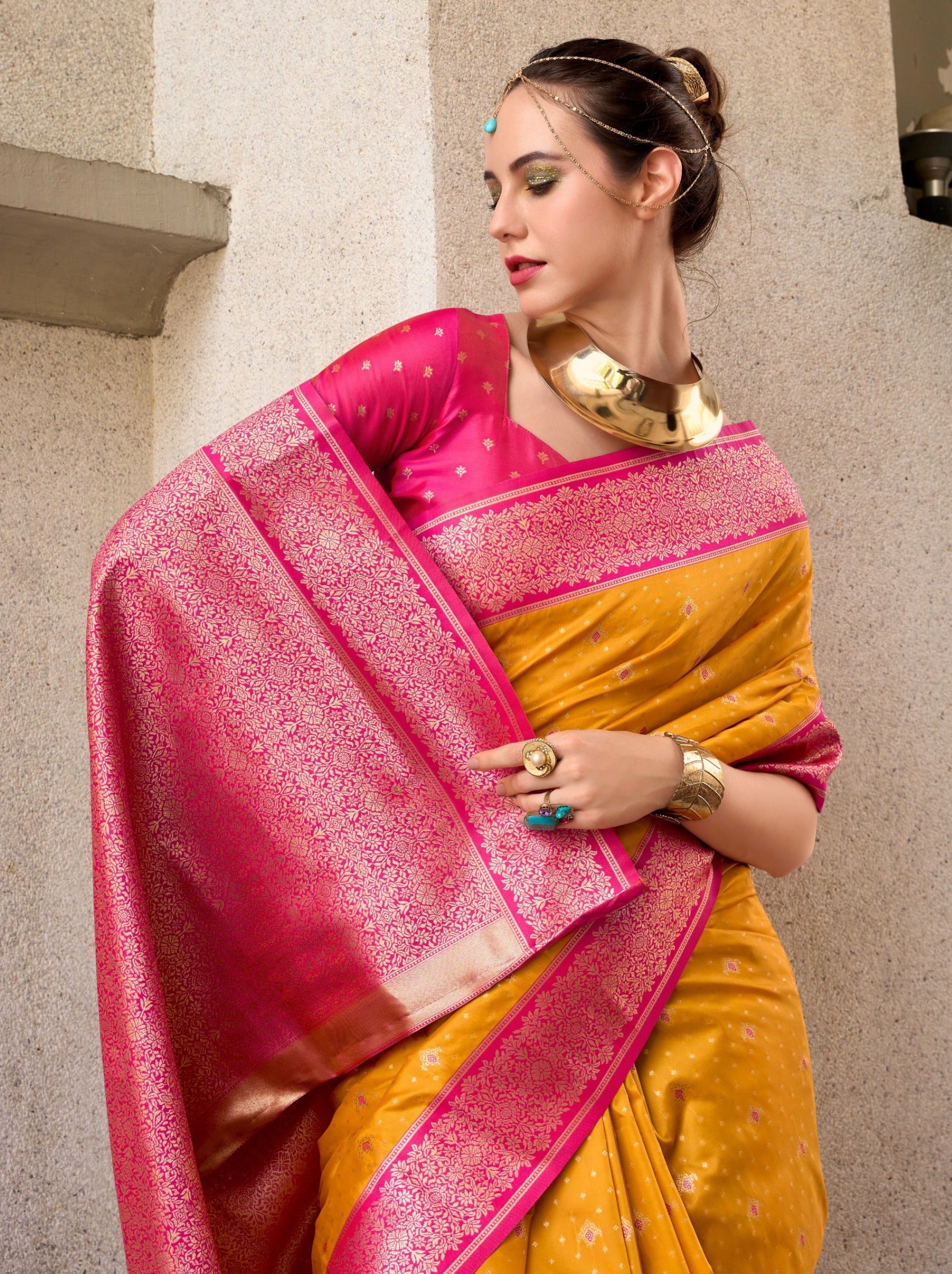 Bumblebee Yellow Festive Saree - TrendOye