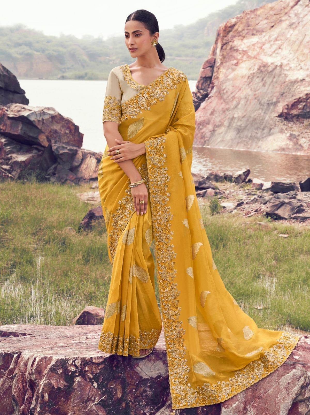 Mustard Yellow Premium Tissue Silk Saree With Blouse Piece