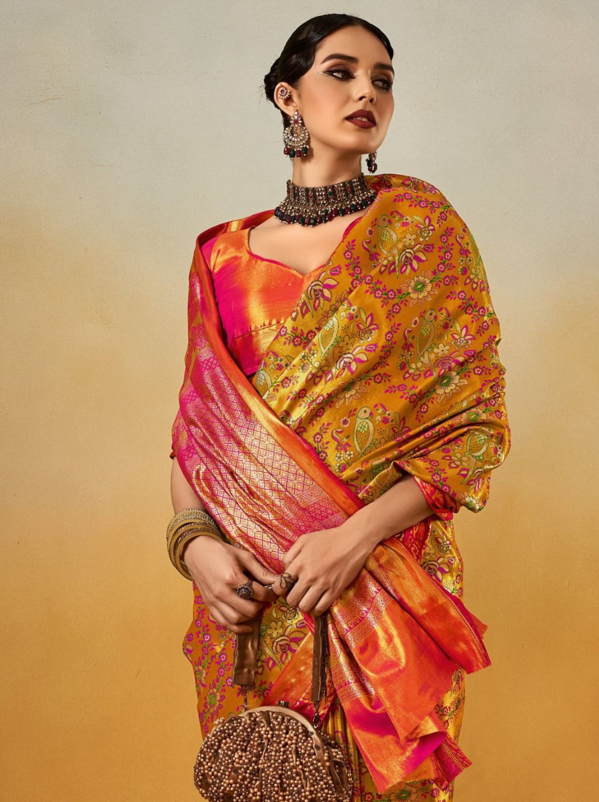 Gold Yellow Party Designer Saree - TrendOye