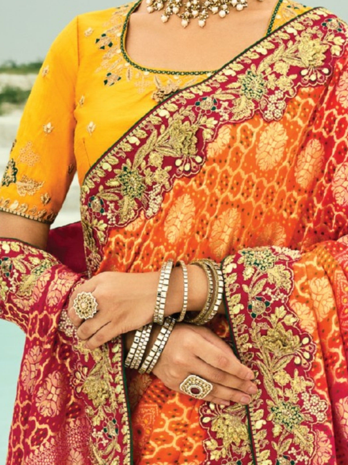 Yellow-Red Exclusive Georgette Wedding Saree With Bandhej Work