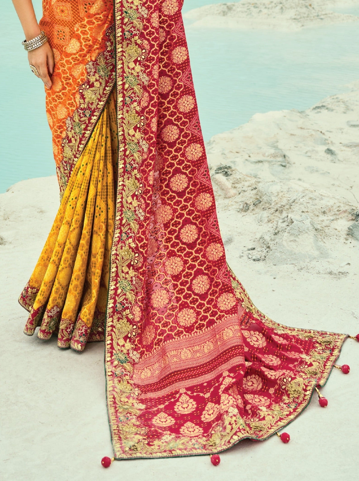 Yellow-Red Exclusive Georgette Wedding Saree With Bandhej Work